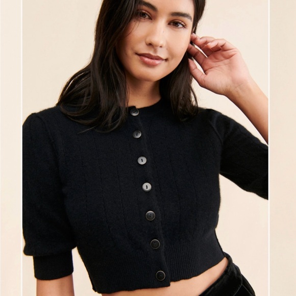Free People Black Button-Up Cashmere Crop Top - Picture 2 of 3